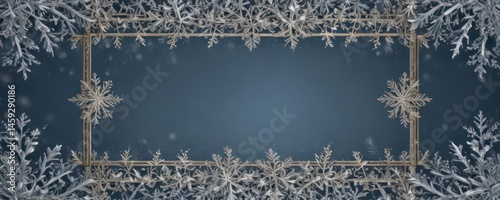 Intricate snowflake border frames wintry scene Christmas card template , winter background, winter wonderland, ice