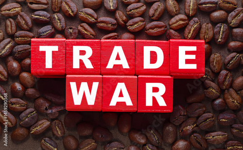 Red wooden cube block for trade war word on roasted coffee beans background. Concept for trade war, tax war, coffee war, tariff war, economic conflict and protect industries. Generated image