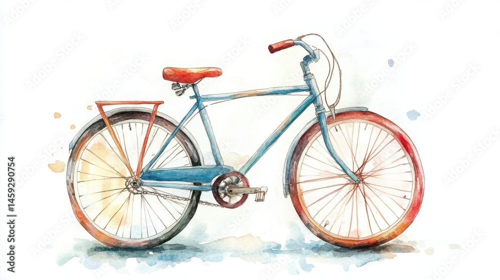 Fototapeta premium Vintage watercolor bicycle art with blue frame and red accents