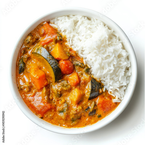 A bowl of vegetable pulissery, with a yogurt-based curry made from vegetables and coconut, served photo