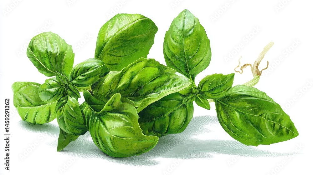 Fresh green basil leaves with stem on white background