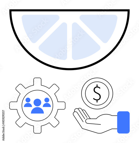 Gear with team symbol, hand holding coin, and segmented fruit slice representing teamwork, financial management, growth, and strategy. Ideal for business, economy, investment teamwork strategy