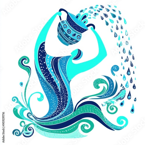 Aquarius water bearer in stylized blue and turquoise design