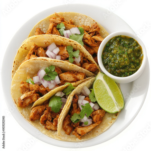 A plate of chicken suadero tacos, chicken suadero served in warm corn tortillas, with onions, photo