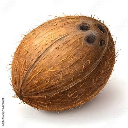A whole realistic coconut with rough, fibrous brown shell, showcasing its natural texture and the distinct brown husk.