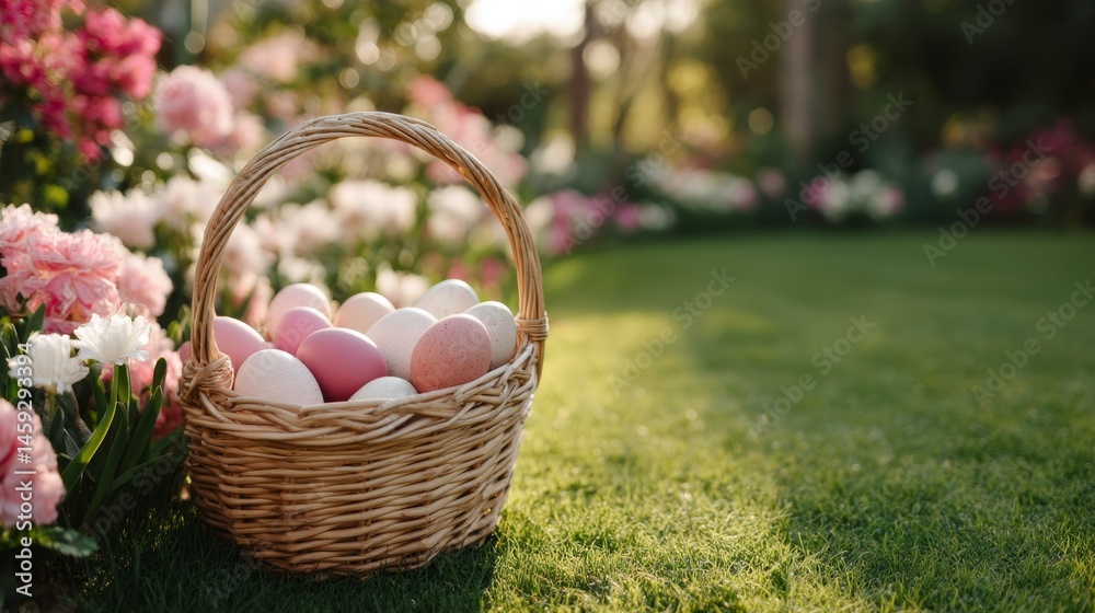 A woven basket contains bright Easter eggs placed on fresh green grass, encircled by beautiful blooming flowers, capturing the essence of spring festivities A woven basket contains bright Easter eggs placed on fresh green grass, encircled by beautiful blooming flowers, capturing the essence of spring festivities