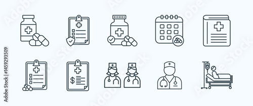 Hospital management thin icon set containing drug,health insurance,pills,schedule,medical book
