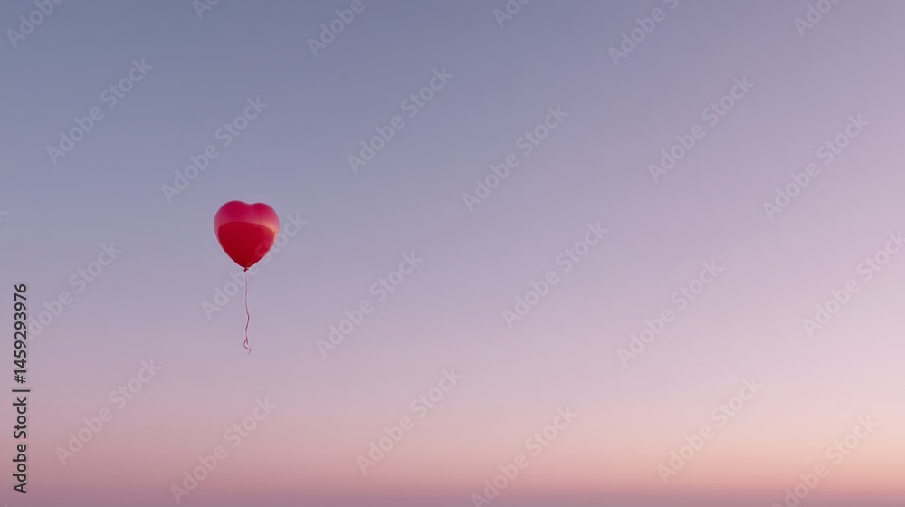Fototapeta premium A single crimson heart-shaped balloon drifts in the dusk, set against a gentle pink sky, offering a peaceful and romantic ambiance with ample copy space