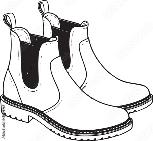 Chelsea boots, Type or Types of Shoes, Black and White Vector Illustration, Sketch Drawing Line Linear Symbol Icon Engraving, Hand-drawn Isolated
