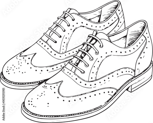 Brogues, Type or Types of Shoes, Black and White Vector Illustration, Sketch Drawing Line Linear Symbol Icon Engraving, Hand-drawn Isolated