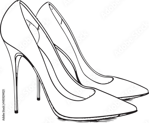 Stiletto heels, Type or Types of Shoes, Black and White Vector Illustration, Sketch Drawing Line Linear Symbol Icon Engraving, Hand-drawn Isolated