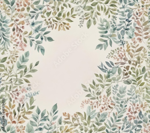Miniature watercolor card; pastel leaves, subtle floral pattern, botanical, leaves