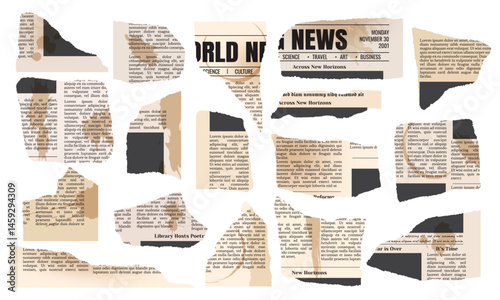 Vector vintage torn pieces of newspaper with coffee cup stains, spots and splashes isolated on transparent background. Trendy cut out paper pieces for collage design template.