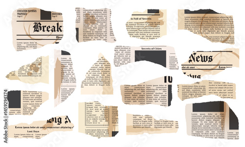 Vector vintage torn pieces of newspaper with coffee cup stains, spots and splashes isolated on transparent background. Trendy cut out paper pieces for collage design template.