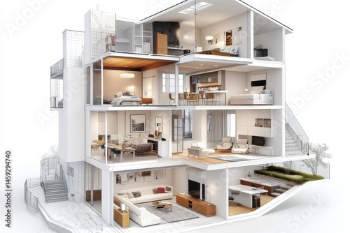 Modern Three Story House Exploded View Interior Design
