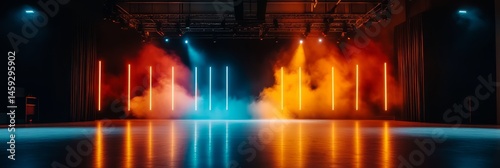 A stage with lights and smoke is lit up. The lights are orange, blue, and red