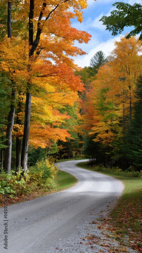 Obraz premium Serpentine gravel road cutting through an autumn forest of vibrant colorful foliage in shades of orange, yellow and green.