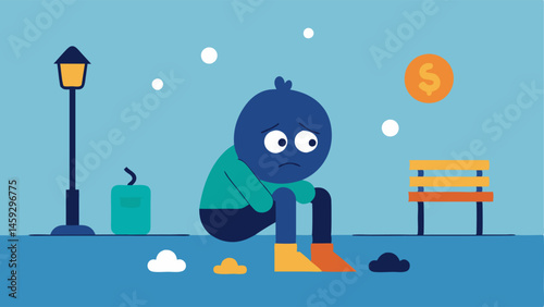 Sitting on the Ground A character sits on the sidewalk legs crossed with a frantic expression on their face. They are inspecting their emptied pockets with an open eyesandmouth