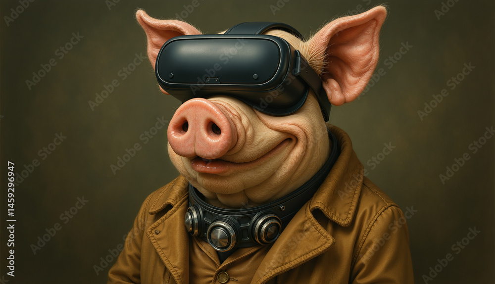 Pig Wearing VR Headset and Leather Jacket in a Steampunk Style Portrait Pig Wearing VR Headset and Leather Jacket in a Steampunk Style Portrait
