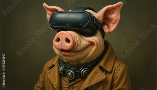 Pig Wearing VR Headset and Leather Jacket in a Steampunk Style Portrait