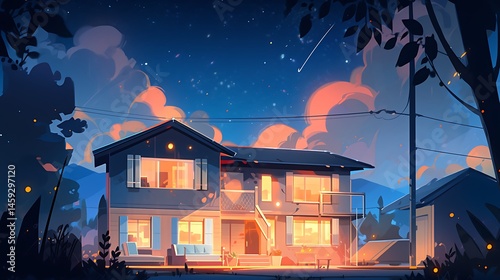 simple house at night with glowing windows, colorful anime style