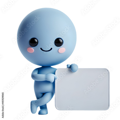 Cute 3d blue man holding blank card isolated on white background