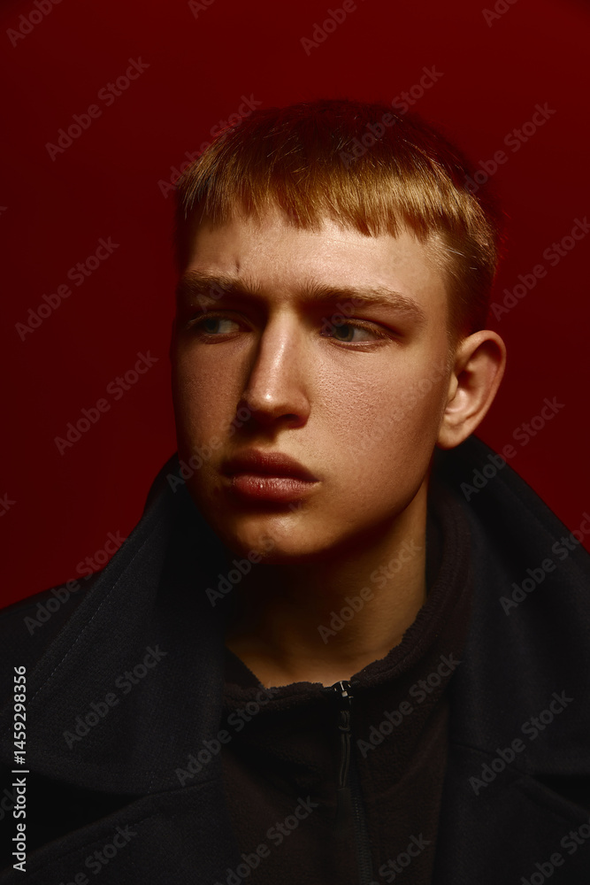 Stylish young man in black coat looks aside with serious expression under deep red studio lighting setup. Concept of bold fashion, style, youth culture, self-expression