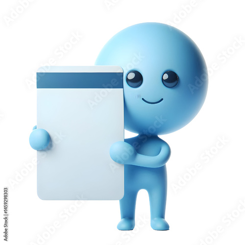 Cute 3d blue man holding blank card isolated on white background