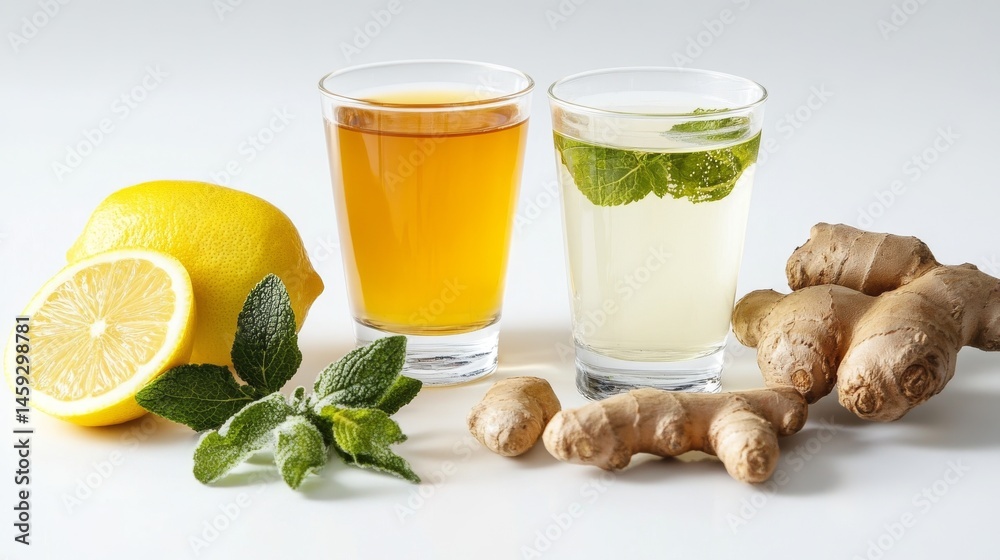 Fototapeta premium ginger and lemon water on white background