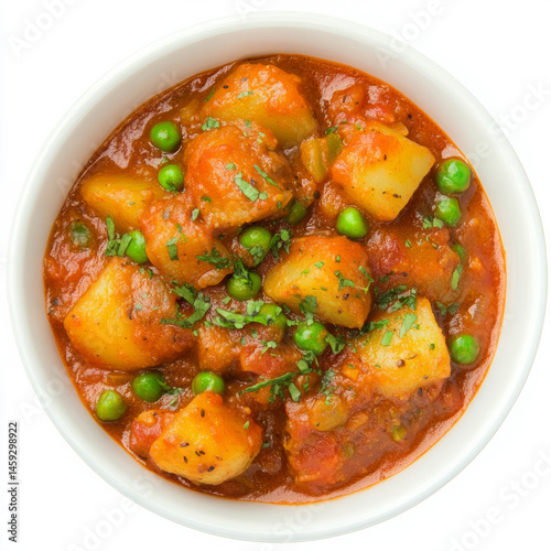 A bowl of aloo mutter, with potatoes and peas cooked in a flavorful tomato and onion sauce, isolated