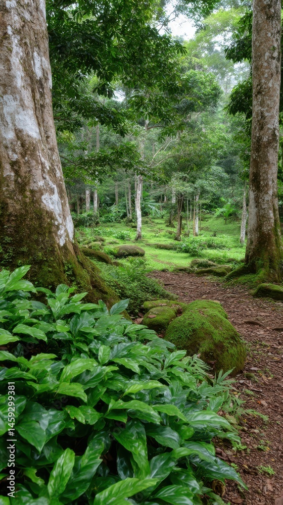 Fototapeta premium Lush Green Forest with Mossy Rocks and Trees