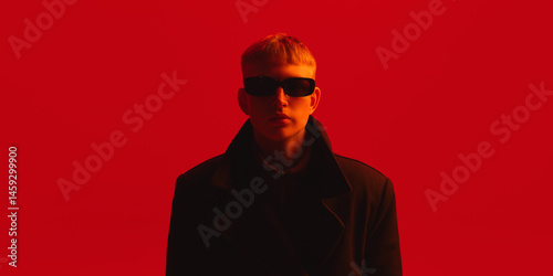 Portrait of young man in black coat and sunglasses stares ahead in moody red background. Concept of beauty, fashion, youth culture, futuristic vibe, visual identity, modern trends