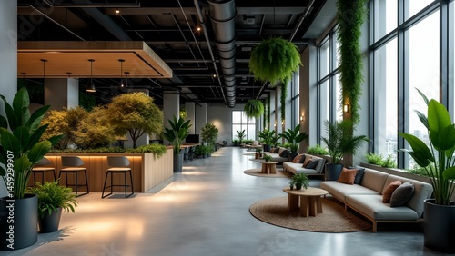 Exquisitely designed ultramodern open-plan office with sustainable eco-friendly elements and indoor vegetation that harmonize futuristic aesthetics with ambient illumination