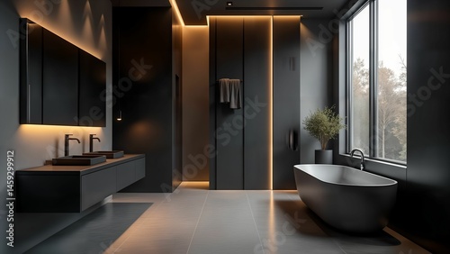 Ultra-Minimalist Futuristic Bathroom with Metallic Surfaces, Matte Black Finishes and Angular Modern Designs in Ambient Glow
