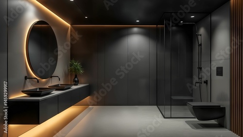 Ultra-Minimalist Futuristic Bathroom with Metallic Surfaces, Matte Black Finishes and Angular Modern Designs in Ambient Glow