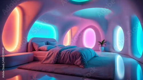 An avantgarde futuristic adult bedroom that merges organic architectural elements with digital artistry and LED innovation to create a serene, immersive technological retreat