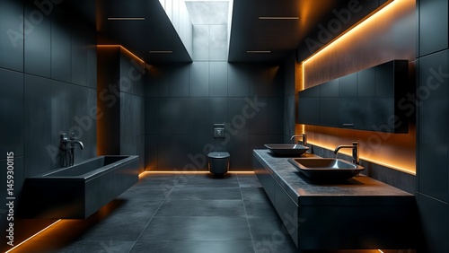 Surreal High-Tech Futuristic Bathroom Combining Cold Metal Structures and Deep Black Surfaces with Layered Textures and Innovative Lighting Design