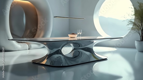 Ultra-Modern Futuristic Dining Table Set with Radiant Lighting, Reflective Surfaces, and Minimalist Chrome Finishes in a Sleek Setting