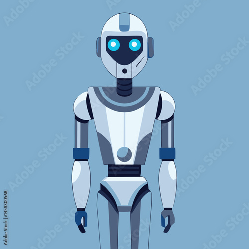 A friendly robot stands against a bright blue background, showcasing its metallic features and cheerful expression.