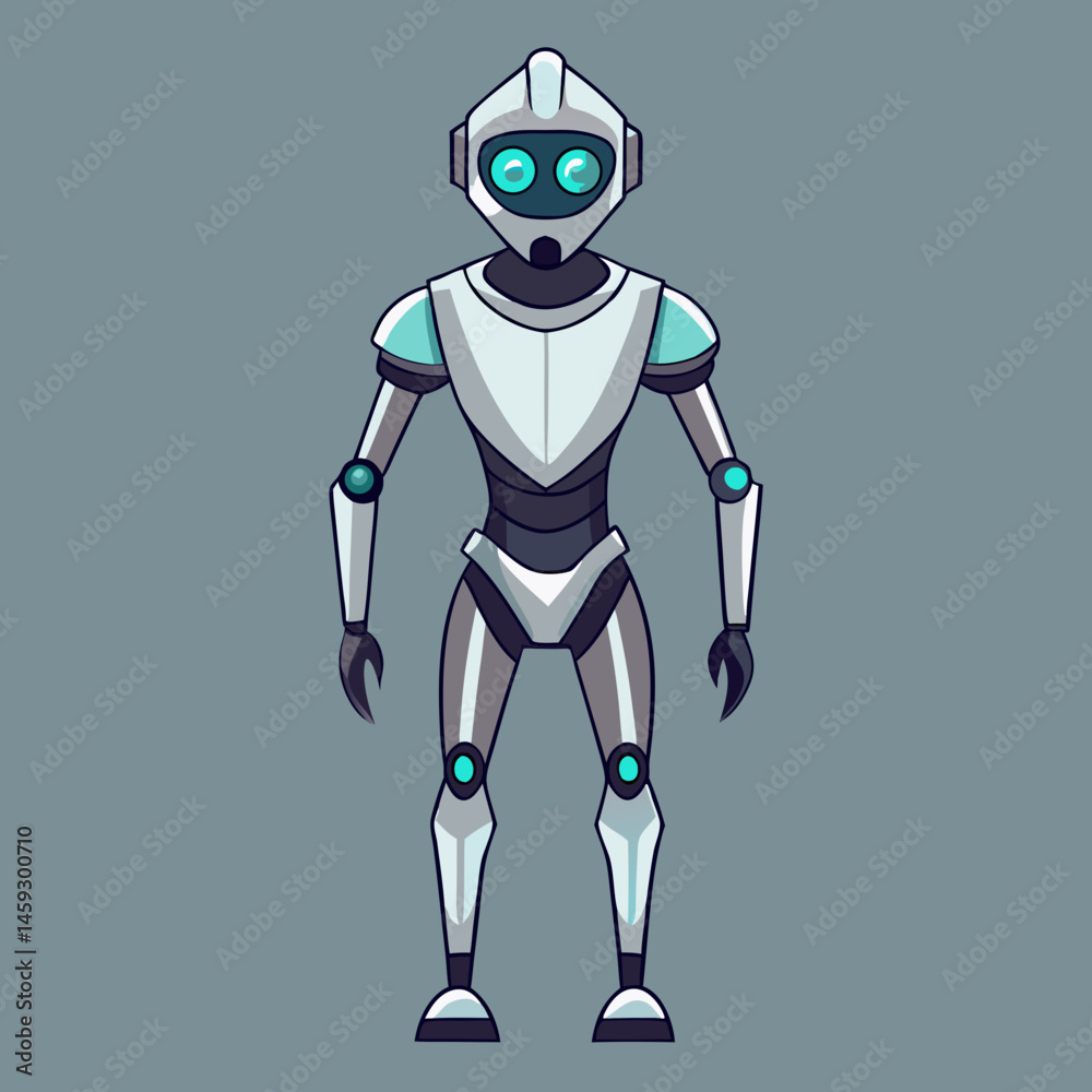 A friendly robot stands against a bright blue background, showcasing its metallic features and cheerful expression.