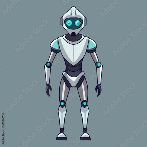 A friendly robot stands against a bright blue background, showcasing its metallic features and cheerful expression.