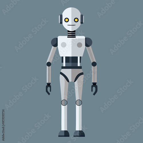 A friendly robot stands against a bright blue background, showcasing its metallic features and cheerful expression.