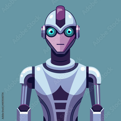 A friendly robot stands against a bright blue background, showcasing its metallic features and cheerful expression.