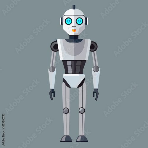 A friendly robot stands against a bright blue background, showcasing its metallic features and cheerful expression.
