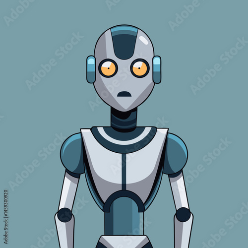 A friendly robot stands against a bright blue background, showcasing its metallic features and cheerful expression.