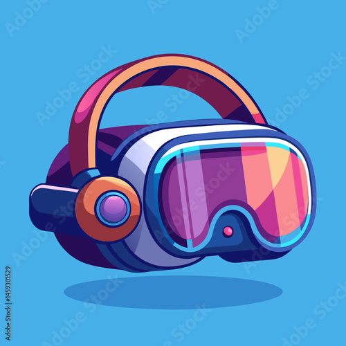Virtual reality headset placed on a table, accompanied by glasses and headphones, ready for immersive experiences.