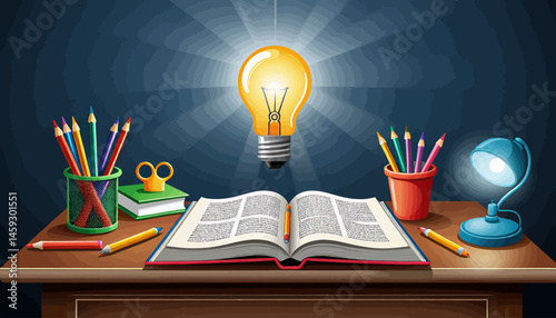 Creative_Workspace_Illustration_Book_Lightbulb_Pencils_Desk_Study_Ideas_Learning_Motivation_Education_Inspiration_Art_Design_Knowledge_Success