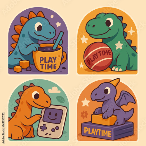 Cartoon Dinosaur Characters Enjoying Playtime with Toys and Activities