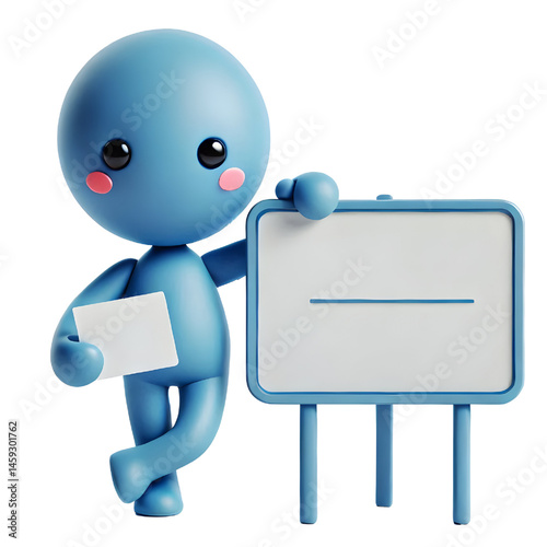Cute 3d blue man holding blank card isolated on white background