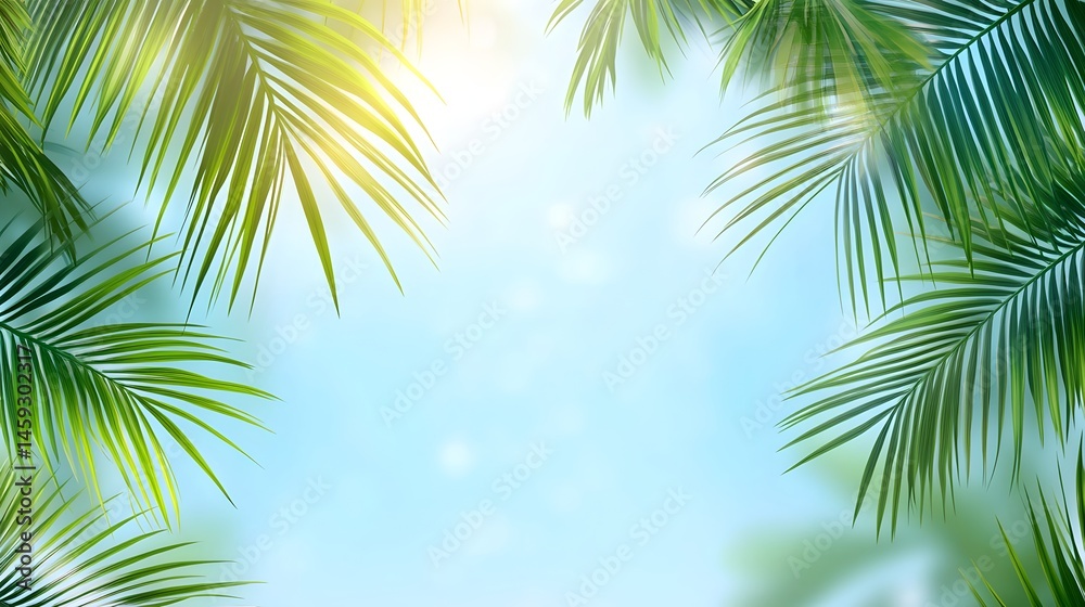 Naklejka premium A vibrant summer scene framed by tropical foliage.